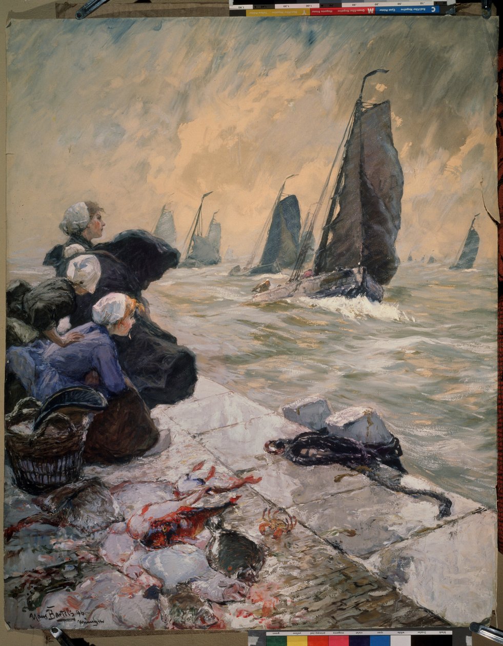 "As Esposas do Pescador" (As Esposas do Pescador) As esposas dos marinheiros observando os veleiros de seus maridos no mar tempestuoso. As raias ficam na beira do cais ao lado das cestas. Aquarela de Hans von Bartels (1856-1913) 1896 Museu Pushkin, Moscou de Hans von Bartels