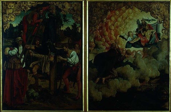 Histórias de São Pedro e Paulo: detalhe mostrando a Crucificação de São Pedro, São Paulo Subindo ao Céu (óleo sobre painel) (detalhe) de Hans von Klumbach
