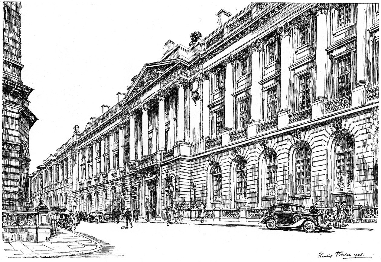 O exterior do RAC Clubhouse em Pall Mall, Londres, 1946. de Hanslip Fletcher