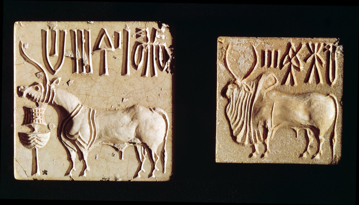 Dois selos representando animais mitológicos, de Mohenjo-Daro, c.2300 aC de Harappan