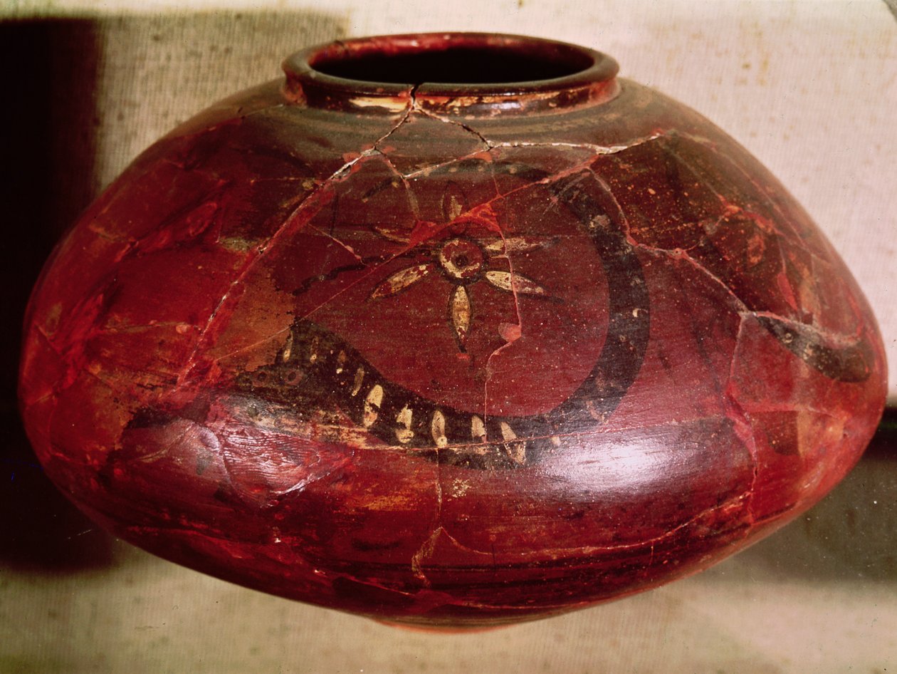 Vaso decorado com uma cobra e uma flor, de Kot Diji, Indus Valley, Paquistão, 3000-1500 aC (cerâmica) de Harappan