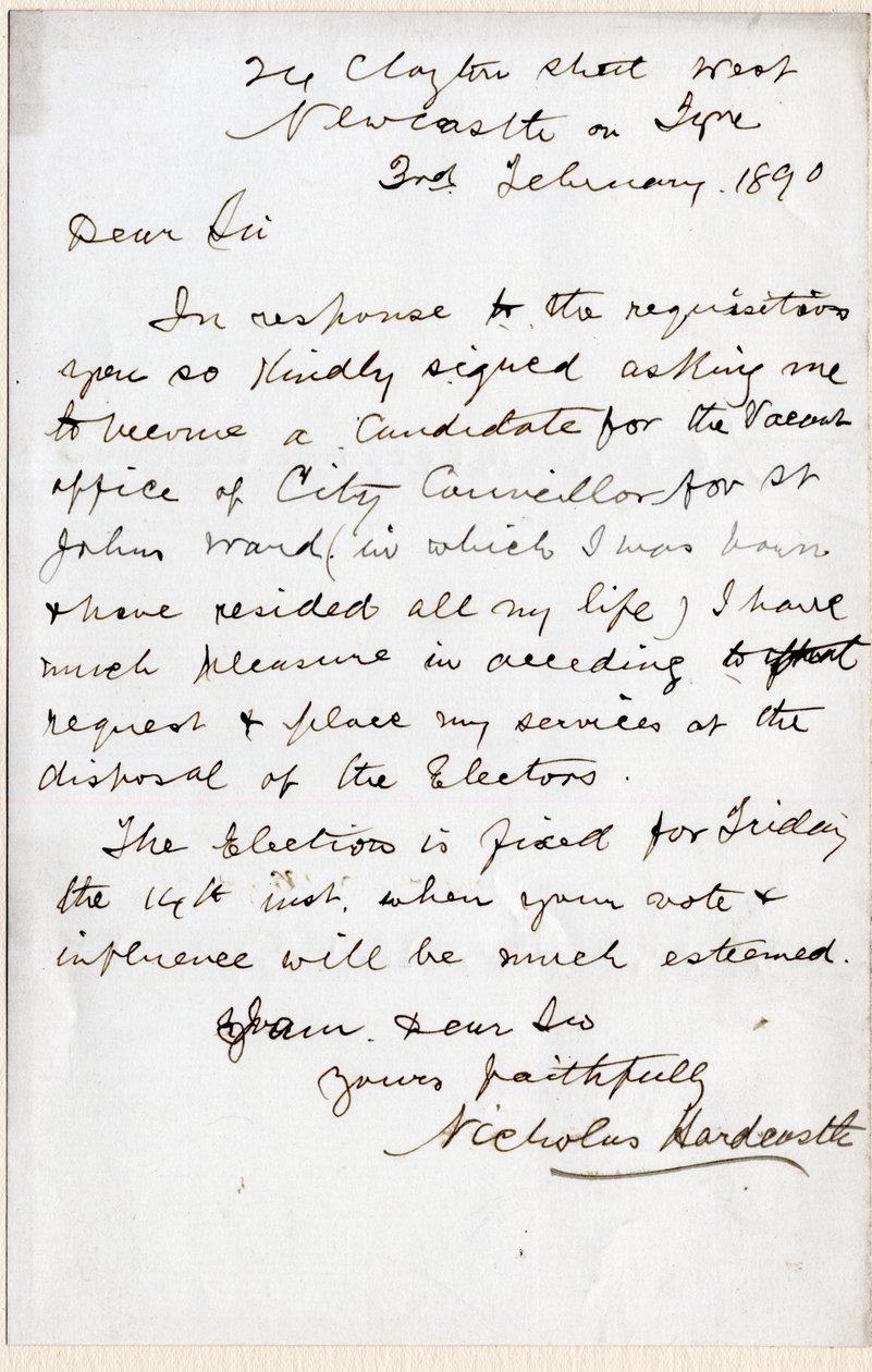 Carta de Nicholas Hardcastle aceitando convite para se apresentar como conselheiro municipal para St John