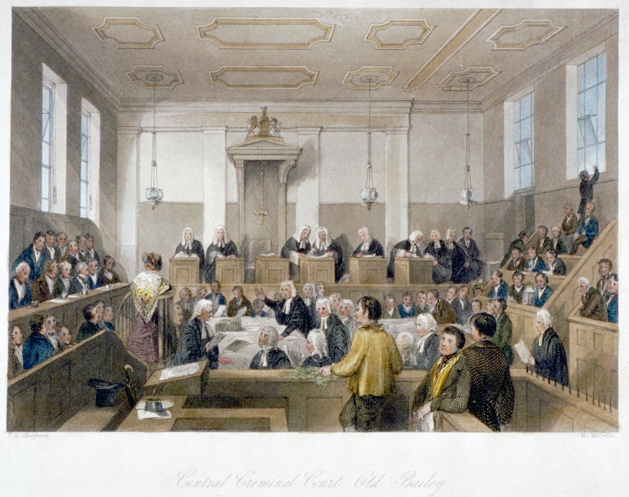 Dentro do Tribunal Criminal Central, Old Bailey, com um tribunal em sessão, City of London, 1840 de Harden Sidney Melville