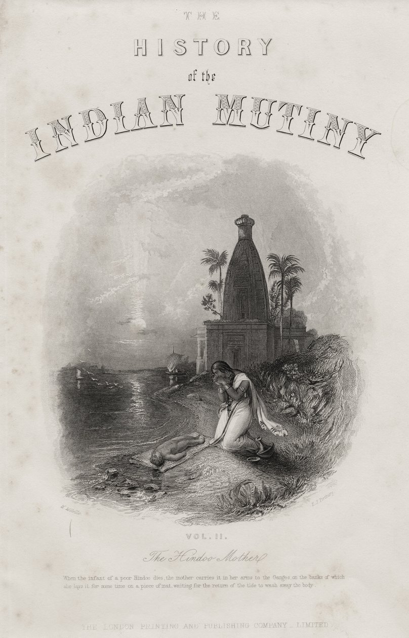 A Mãe Hindoo, gravada por EJ Portbury, página de título de "A História do Motim Indiano", publicada em 1858 de Harden Sidney Melville