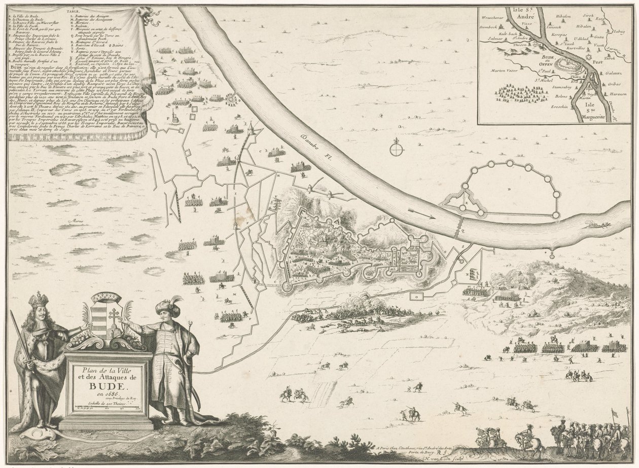 Plattegrond van Buda, 1686 Plano da Cidade e os Ataques de Bude em 1686 (título no objeto) de Harmanus van Loon