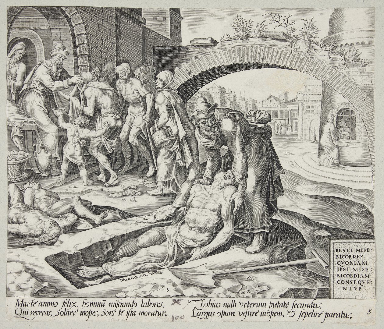 Bem-aventurados os misericordiosos. Tobit enterrando os mortos, vestindo os nus e alimentando os famintos de Harmen Jansz. Muller