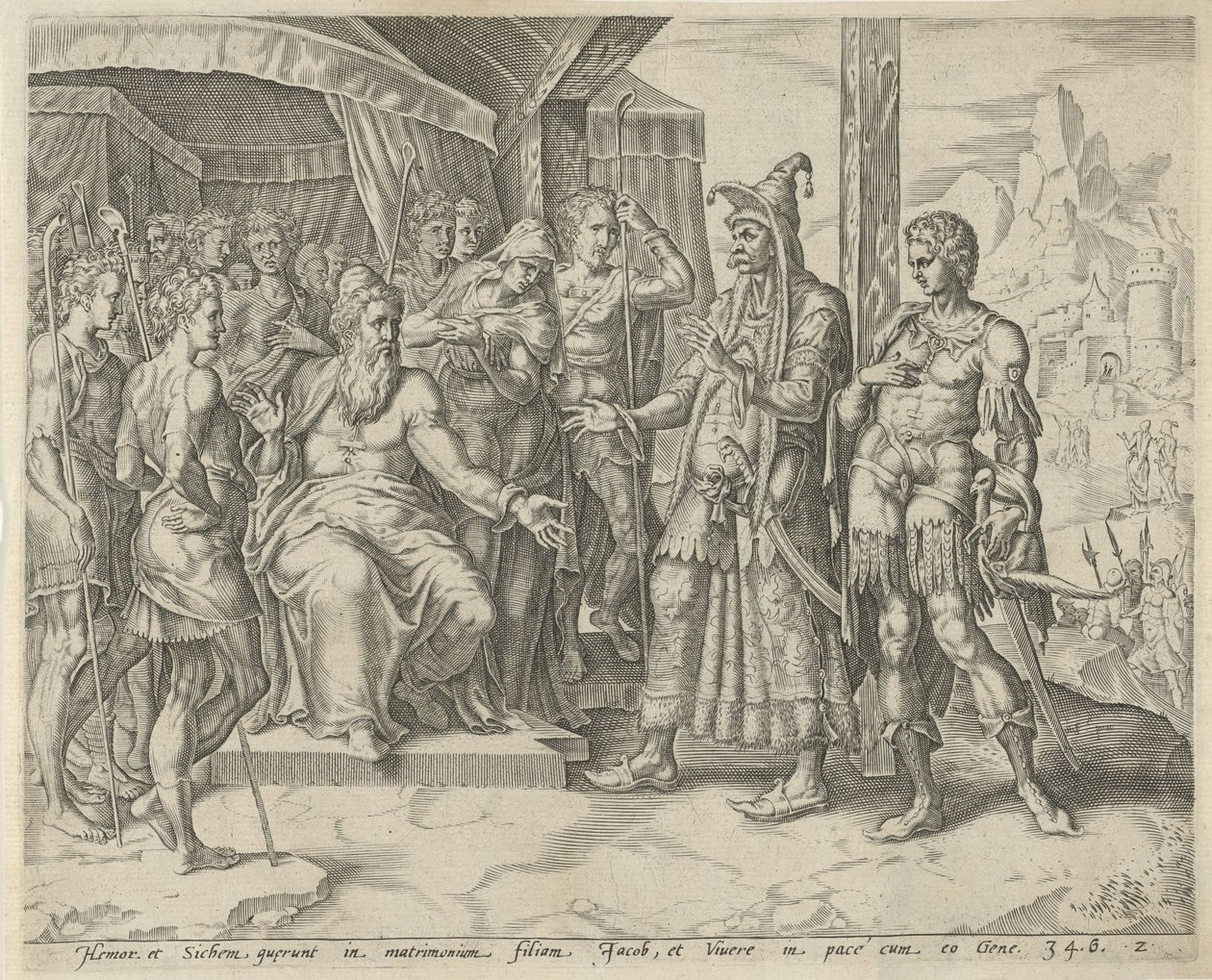 Hamor e Siquém pedem a mão de Diná a Jacó História de Diná e Siquém (título da série) de Harmen Jansz Muller