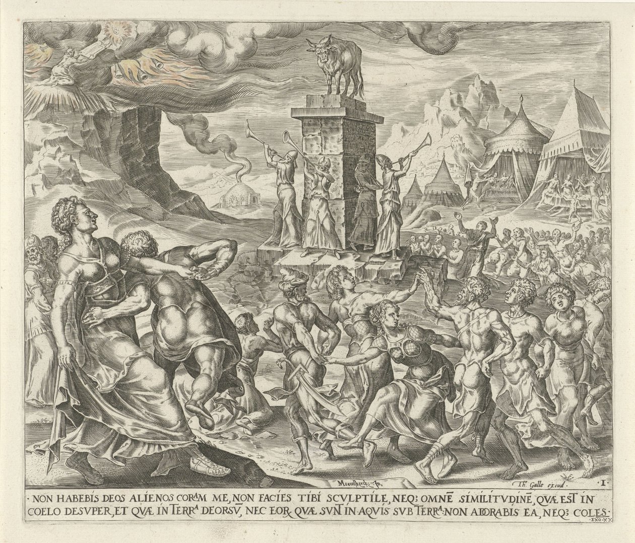 Os israelitas dançam ao redor do bezerro de ouro Não terás outros deuses diante de mim Os Dez Mandamentos (título da série) de Harmen Jansz Muller