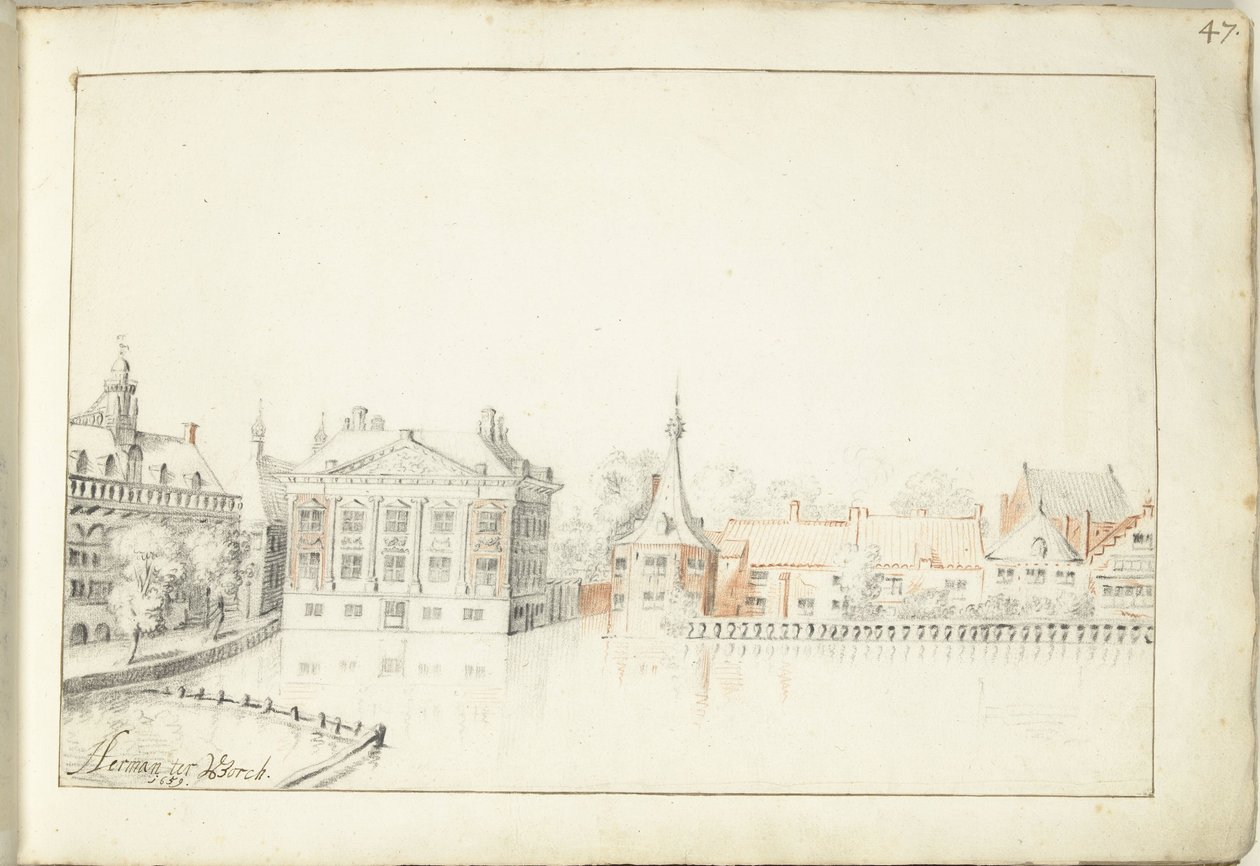 Vista dos edifícios no Hofvijver, Haia de Harmen ter Borch (signed by artist)