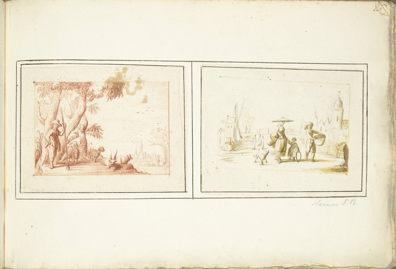 Pastor com o seu gado e cena de rua de Harmen ter Borch (signed by artist)