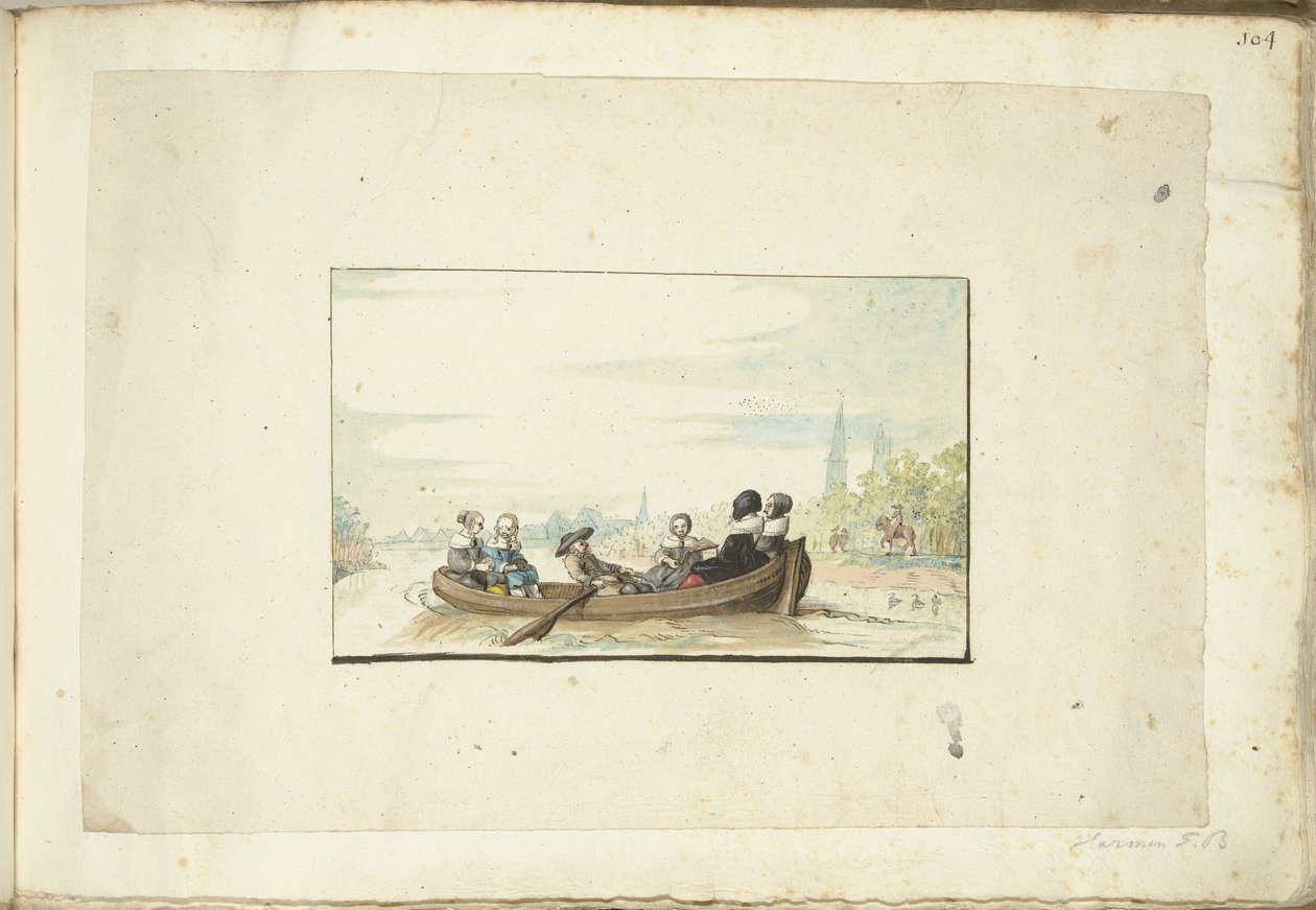 Companhia de seis pessoas em um barco no Zwolle singel de Harmen ter Borch