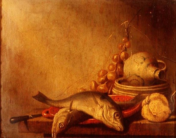 Uma panela de peixe, um jarro de grés, cebolas e frutas de Harmen van Steenwyck