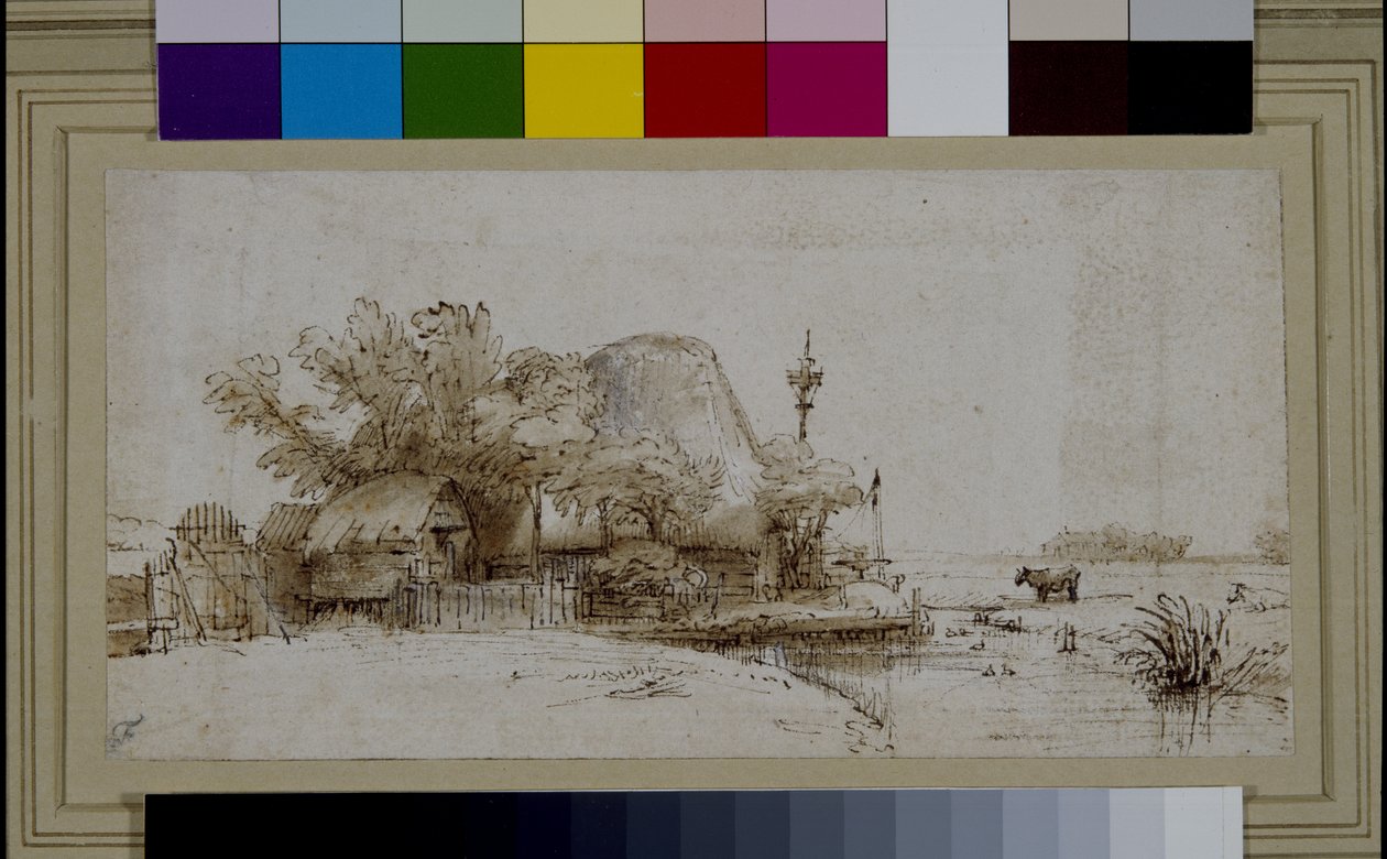 Paisagem com uma casa de campo junto a um rio (caneta e tinta sobre papel)