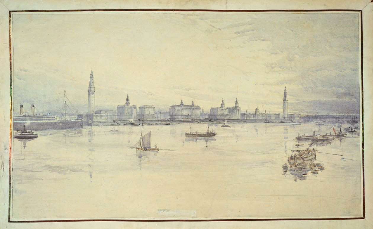 Projeto para Liverpool Waterfront (caneta e tinta e wc no papel) de Harold Chalton Bradshaw