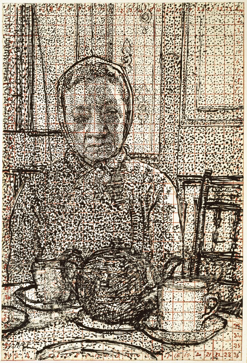 Sra. Mounter na mesa do café da manhã, 1916 - 1917 (caneta e tinta preta, parcialmente arranhada, quadrada em tinta vermelha) de Harold Gilman