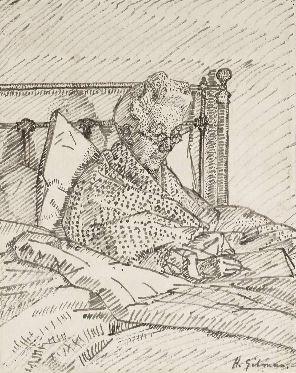 Retrato, de, a, Artist&39;s, mãe, escrita, em, cama, (reed, caneta, e, cinzento, tinta, sobre, indicações, em, vermelho, chalk) de Harold Gilman