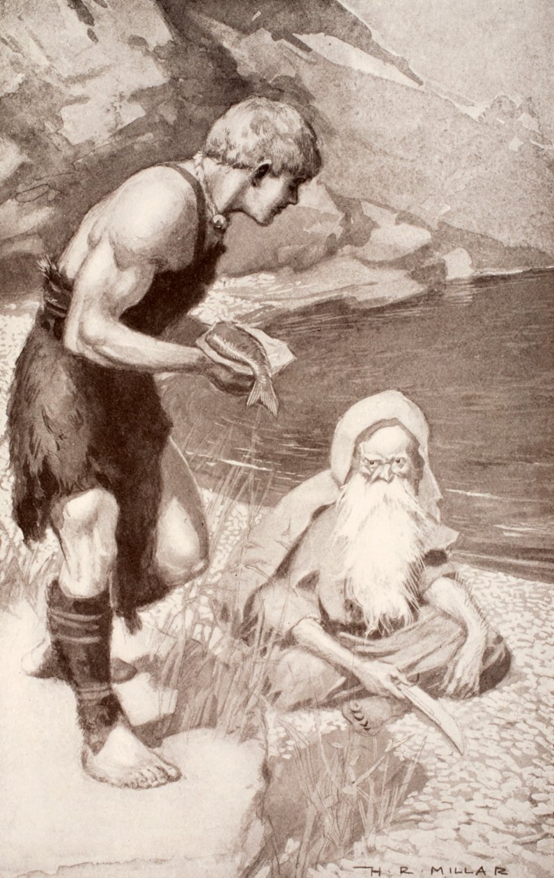 Finn encontra o salmão do conhecimento, ilustração de &39;mito celta e lenda&39; por Charles Squire, 1905 de Harold Robert Millar