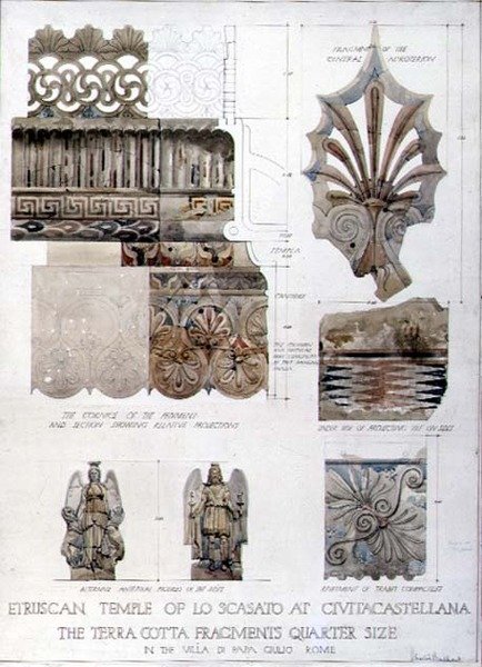 Estudos de fragmentos do templo etrusco de Lo Scasato em Civitacastellana e da Villa di Papa Giulio em Roma, c.1910 (caneta e tinta e aguarela sobre papel) de Harold Chalton Bradshaw