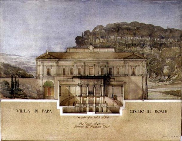 Vista da secção transversal através da corte da fonte da Villa di Papa Giulio em Roma de Harold Chalton Bradshaw