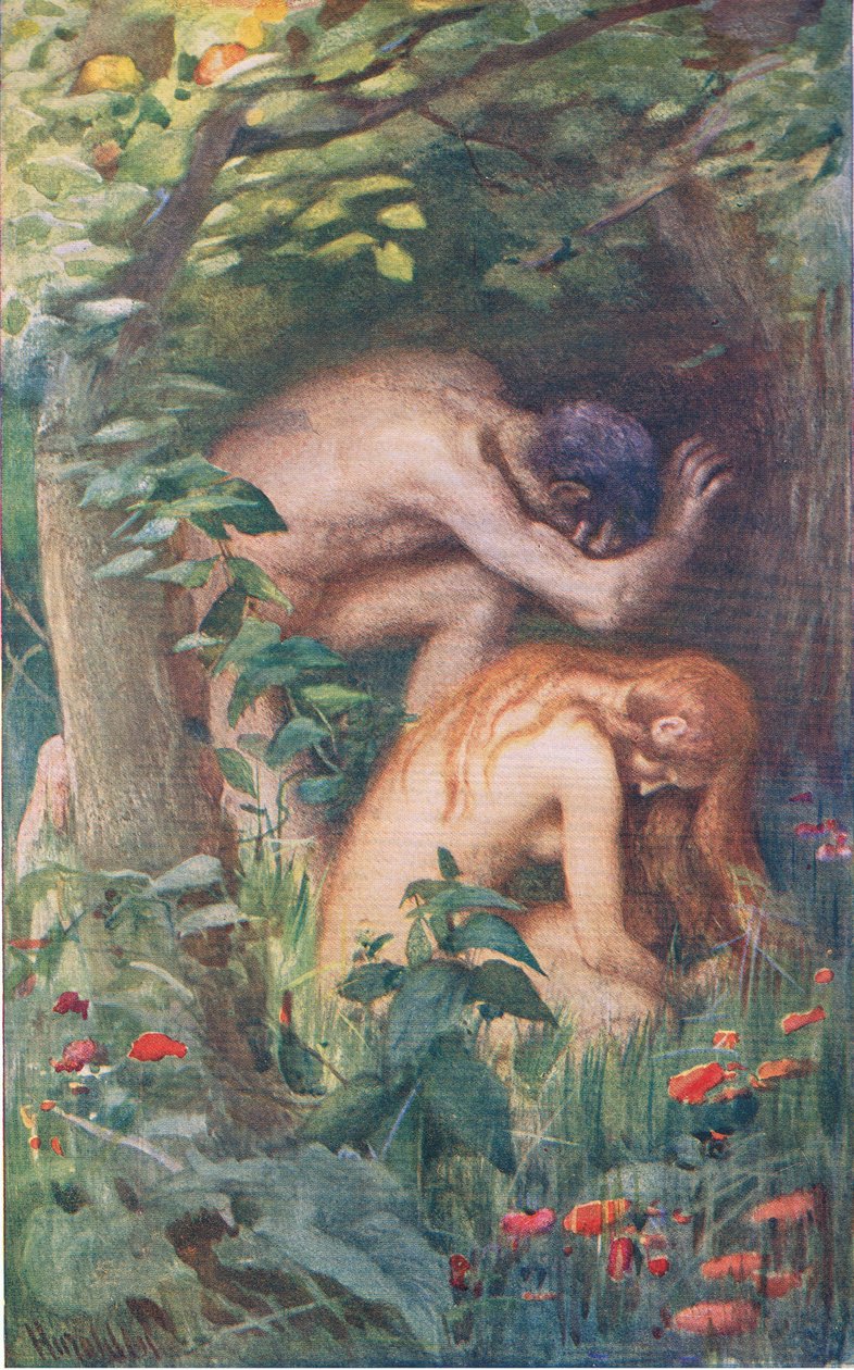 Adão e Eva, ilustração de imagens que ensinam a série de coroa, 1920 de Harold Copping