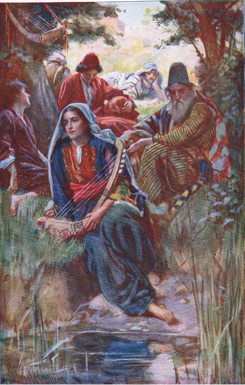 Pelos rios da Babilônia, ilustração de imagens que ensinam a série da coroa, 1920 de Harold Copping