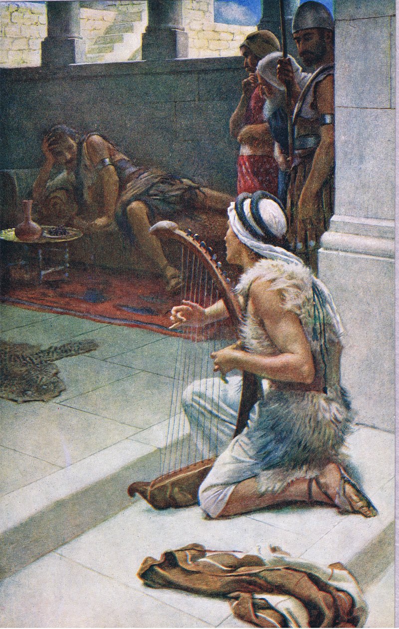 David jogando diante de Saul, ilustração de imagens que ensinam a série de coroa, 1920 de Harold Copping