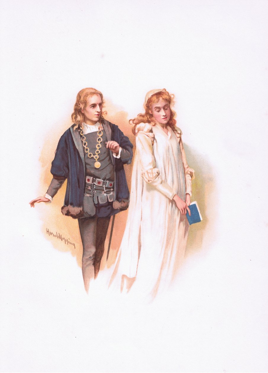 Hamlet e Ophelia, ilustração de Hamlet de Harold Copping