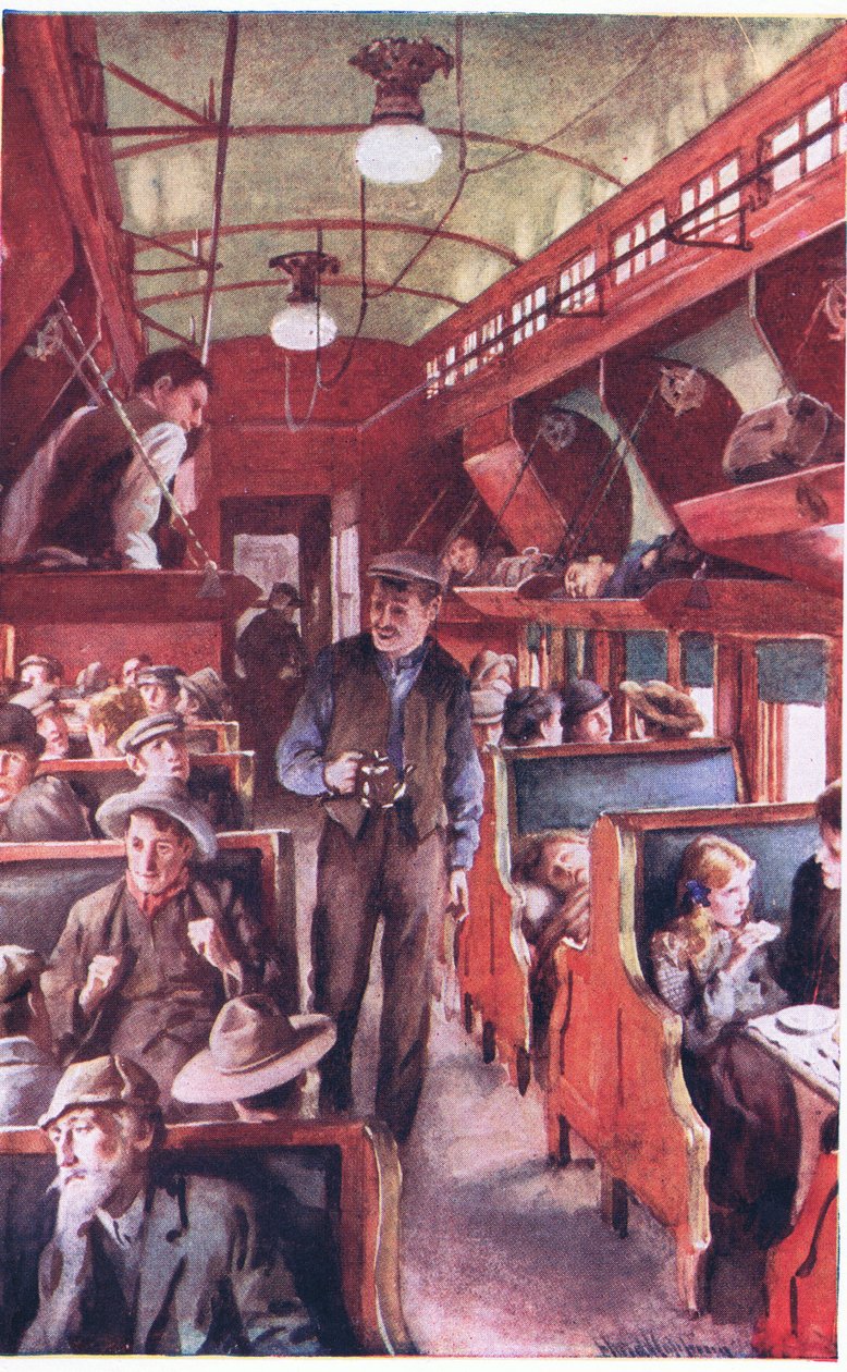 Interior de um comboio de emigrantes canadianos c.1900 (litografia a cores) de Harold Copping