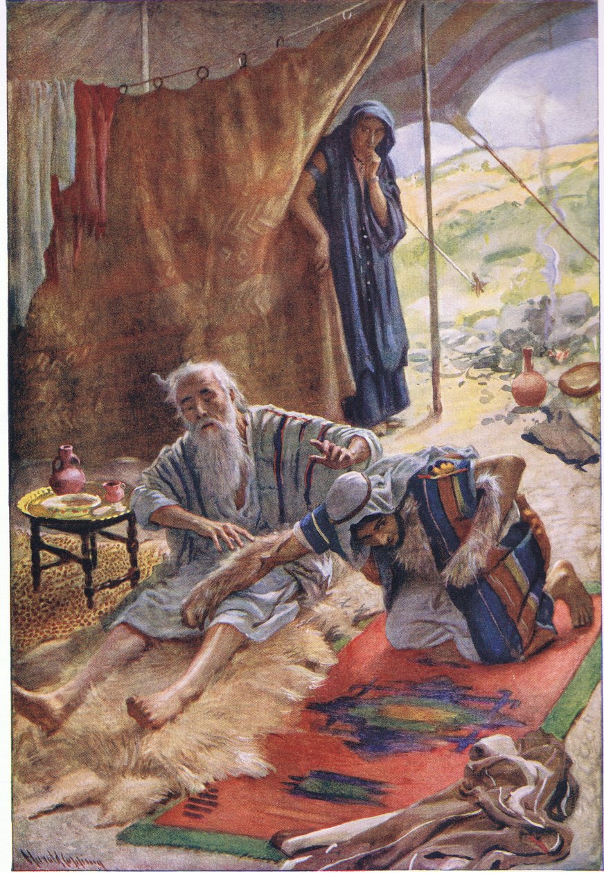 Isaac abençoando seu filho Jacob, ilustração de imagens que ensinam a série de coroa, 1920 de Harold Copping