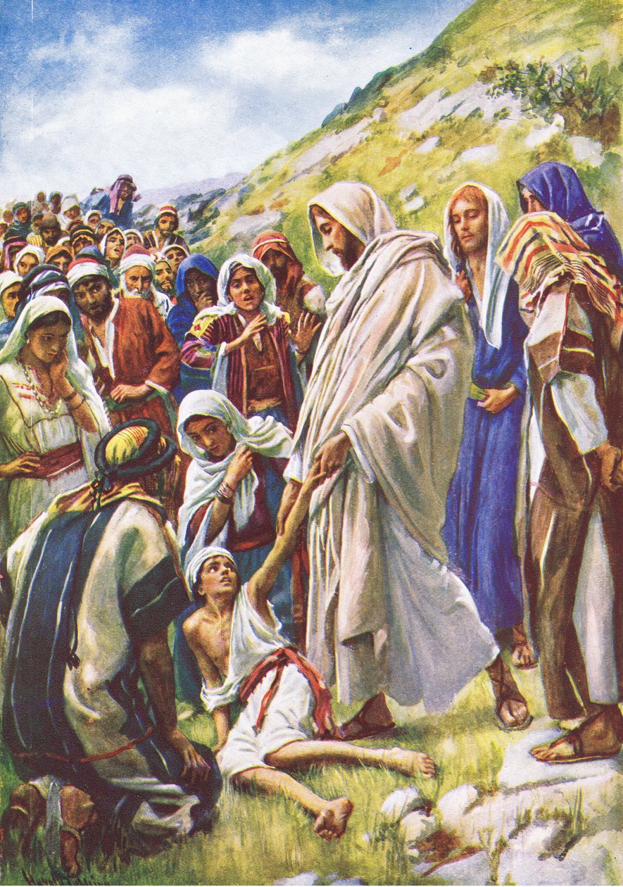 Jesus cura o menino, ilustração deHarold Copping Pictures: The Crown Series, c.1920s de Harold Copping