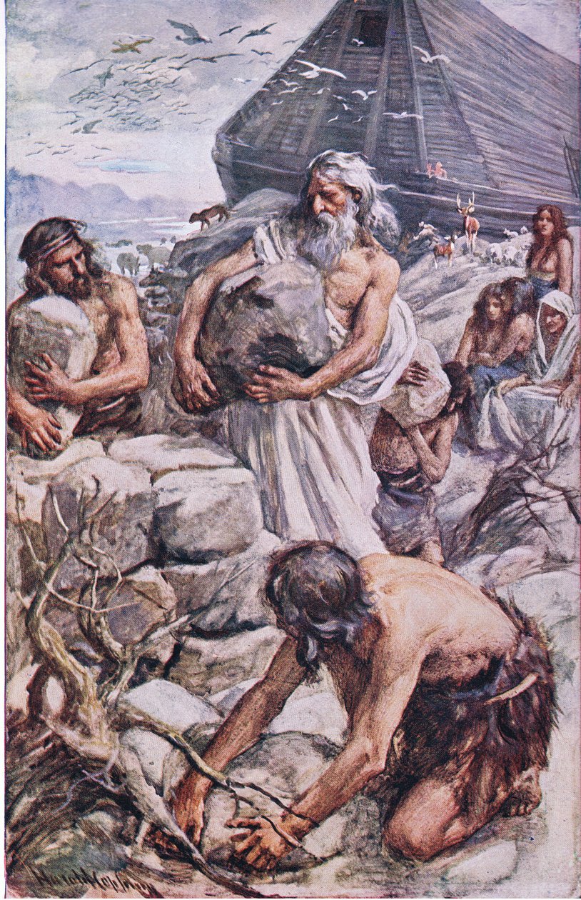 Noé construindo seu altar, ilustração de imagens que ensinam a série de coroa, 1920 de Harold Copping