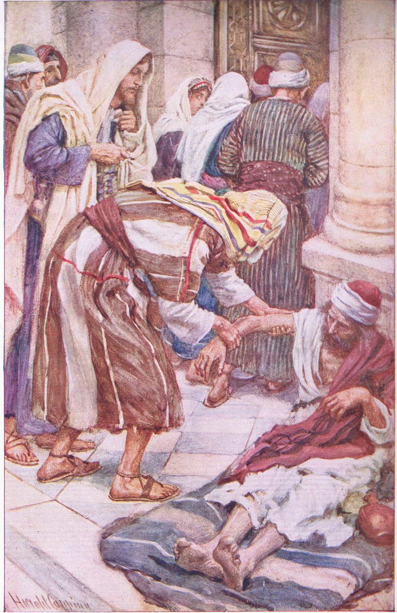 Peter e Jacob no portão bonito, ilustração de imagens que ensinam a série de coroa, 1920 de Harold Copping