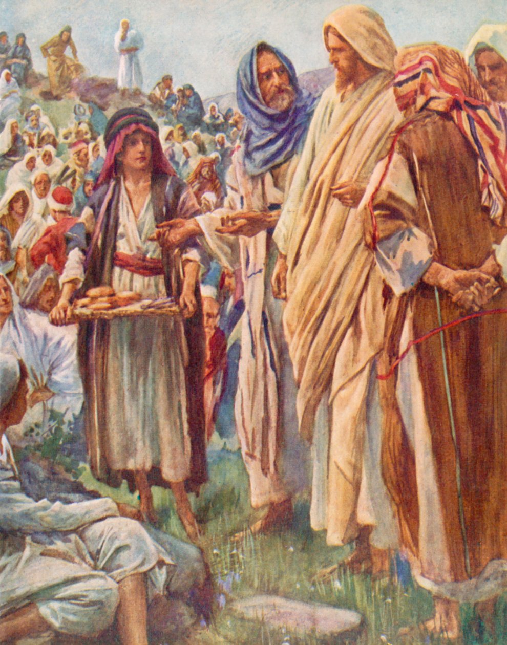 Os pães e os peixes, João, 6, 9 (litografia a cores) de Harold Copping