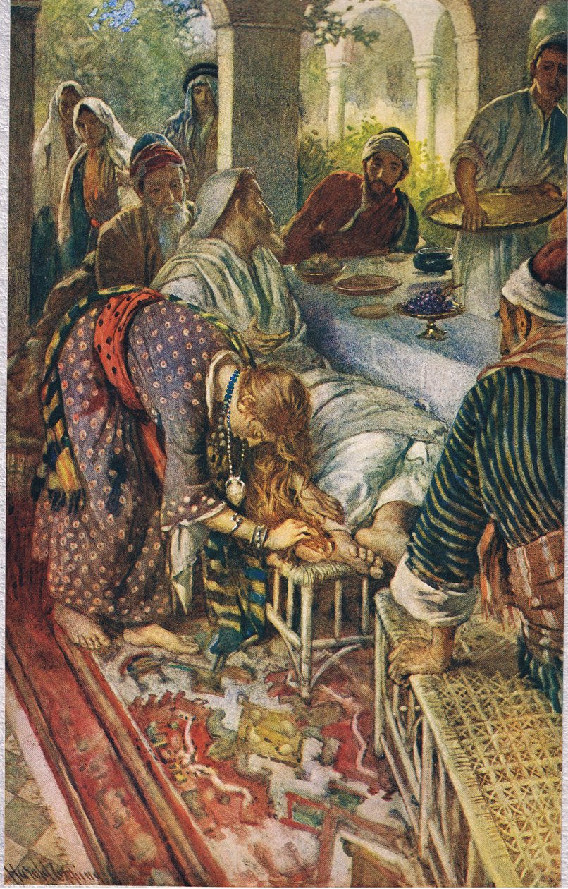 A mulher com a caixa de pomada, ilustração de "Mulheres da Bíblia", publicado pela The Religious Tract Society, 1927 de Harold Copping