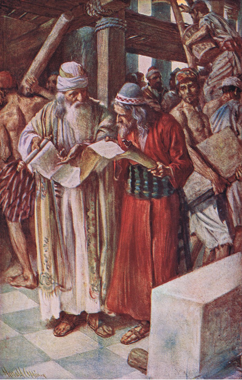 A descoberta do livro, ilustração de imagens que ensinam a série de coroa, 1920 de Harold Copping