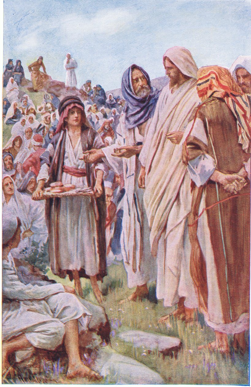 Os pães e os peixes, ilustração deHarold Copping Pictures: The Crown Series, c.1920s de Harold Copping