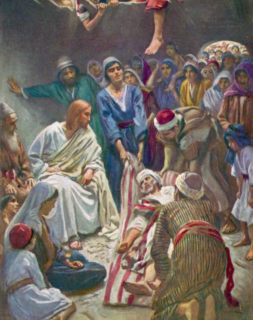 O homem descido pelo telhado, Lucas, 5, 24 (litografia a cores) de Harold Copping