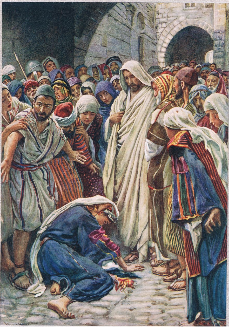 A mulher que tocou a bainha da sua roupa, ilustração de "Mulheres da Bíblia", publicada pela The Religious Tract Society de Harold Copping
