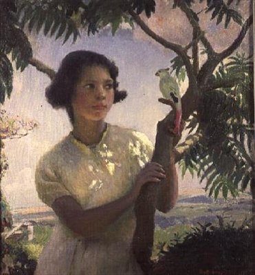 Menina com um papagaio de brinquedo de Harold Harvey