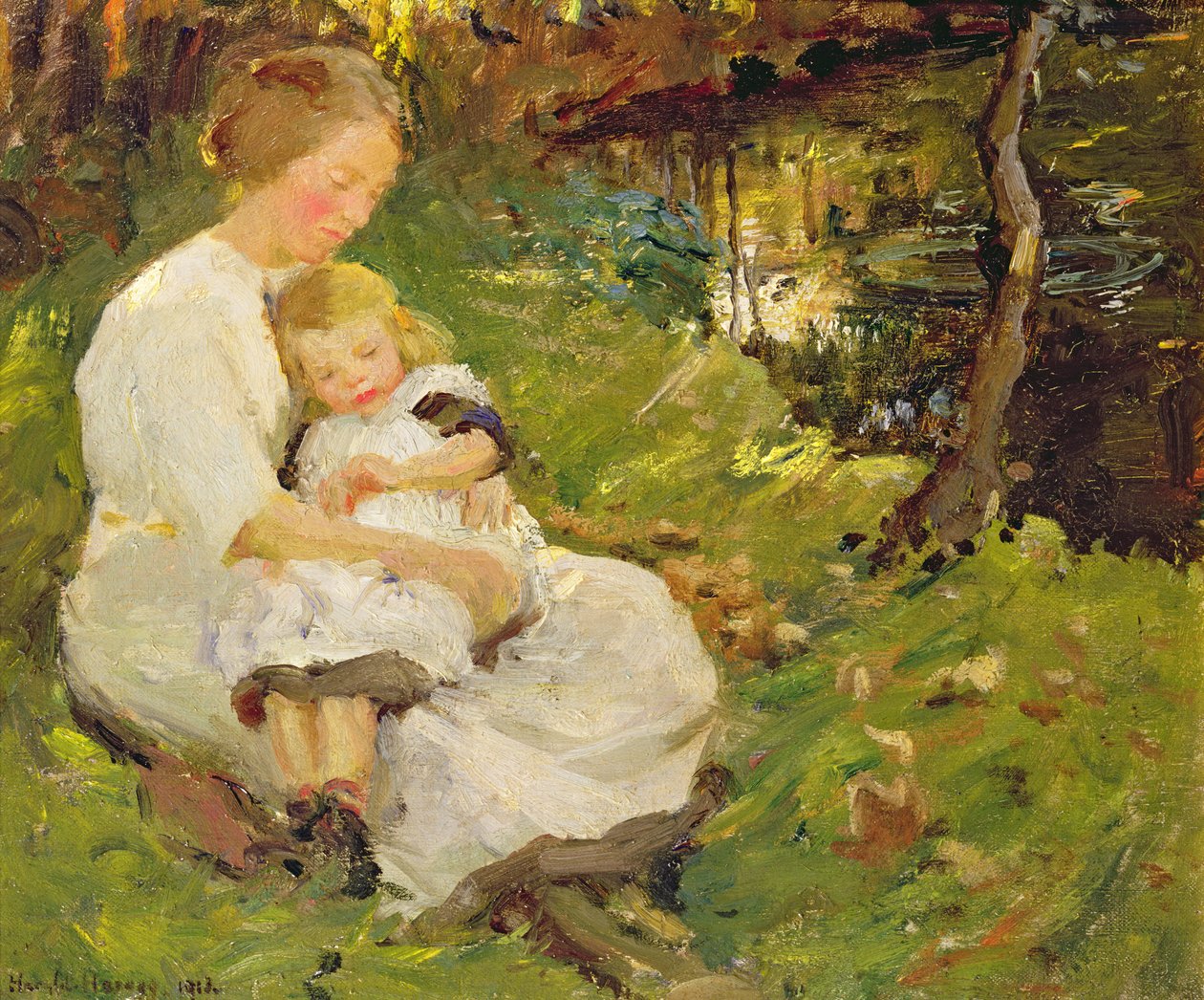 Mãe e filho em uma paisagem arborizada de Harold Harvey