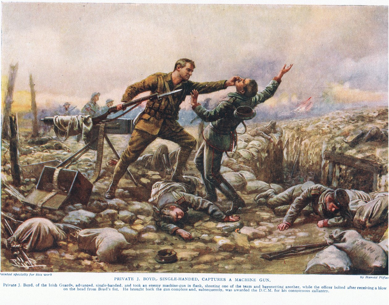 O soldado J. Boyd, sozinho, captura uma metralhadora, ilustração de "Deeds that Thrill the Empire", publicada por Hutchinson und Co., c.1920 de Harold Hume Piffard