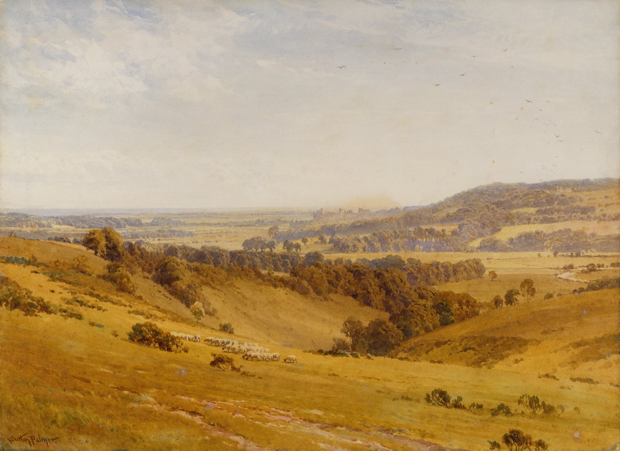 Uma vista distante do Castelo de Arundel (lápis e aguarela) de Harold Sutton Palmer