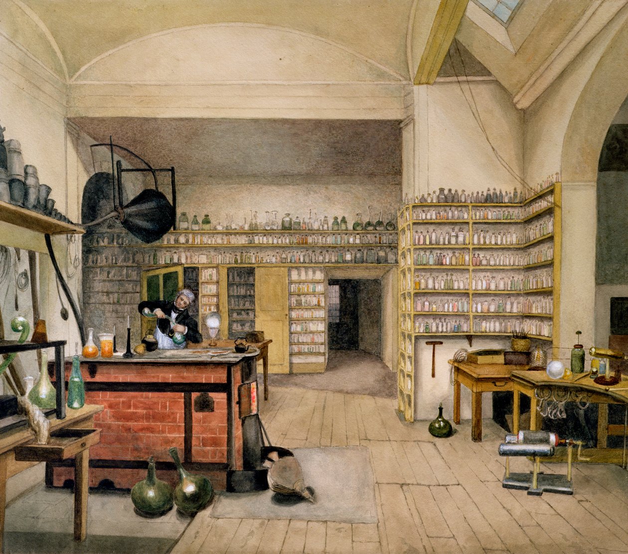 Michael Faraday (1791-1867) em seu laboratório do porão, 1852 de Harriet Jane Moore