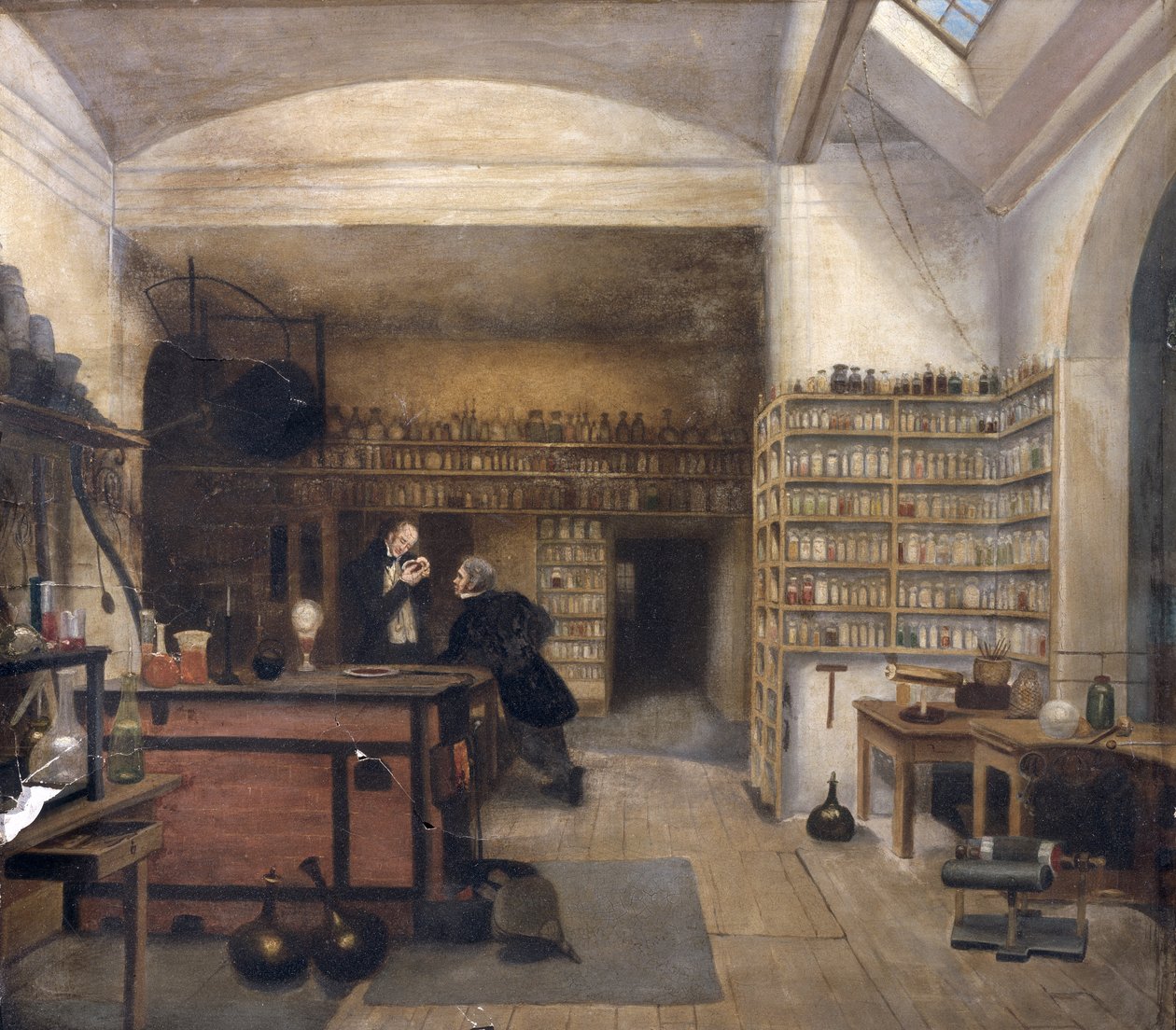 Michael Faraday (1791-1867) em seu laboratório do porão, 1852 de Harriet Jane Moore