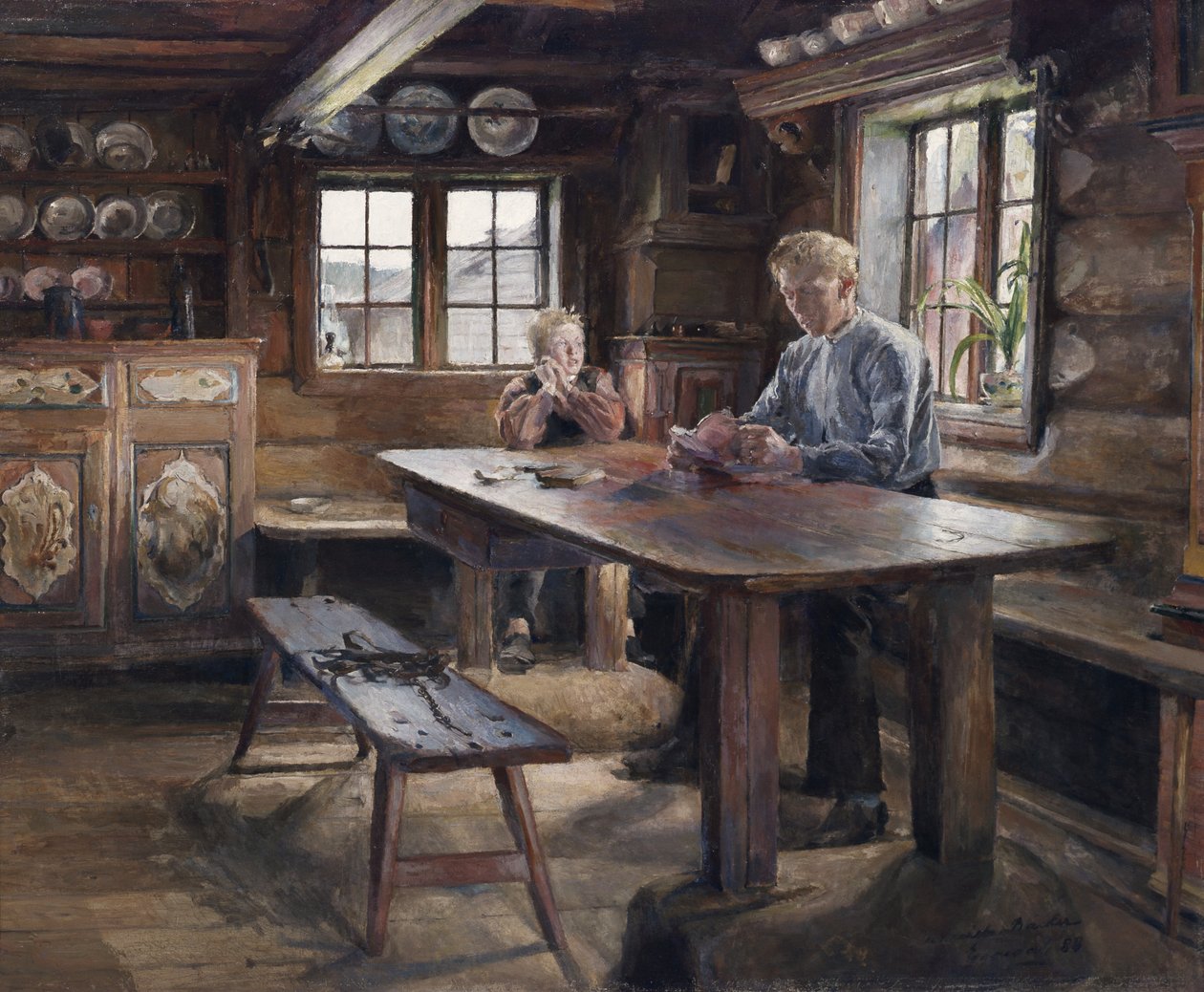 Interior, lição de casa de Harriet Backer