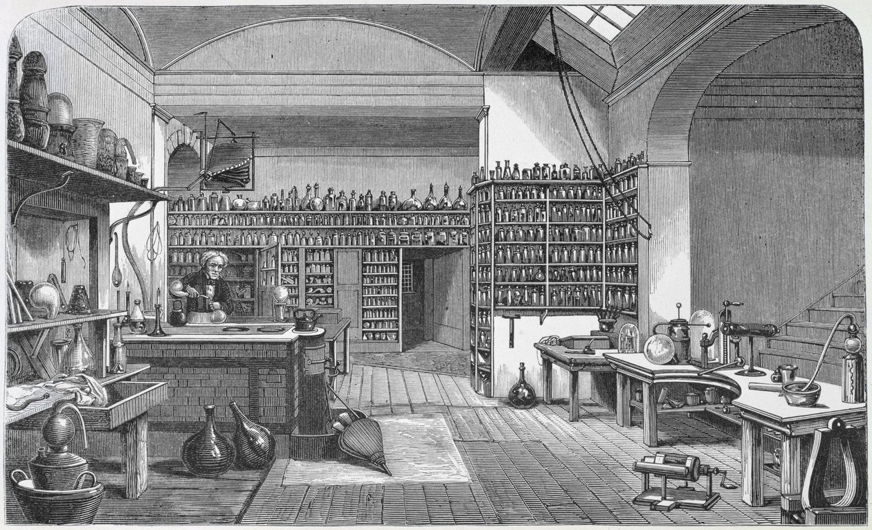 Michael Faraday (1791-1867) em seu laboratório do porão, de "A Vida e as Cartas de Faraday", de Henry Bence Jones, publicado em 1870, 1869 de Harriet Jane Moore