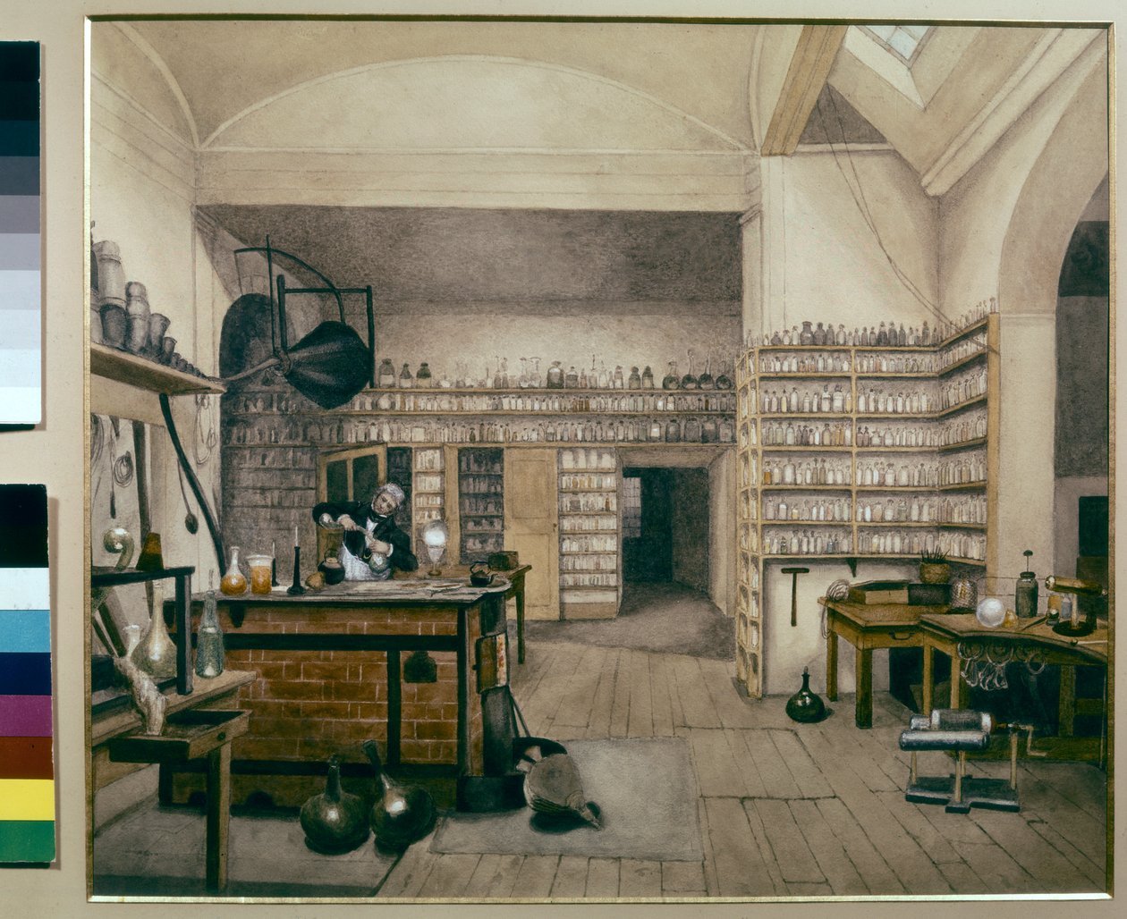 Michael Faraday a trabalhar no seu laboratório no Instituto Real de Harriet Jane Moore