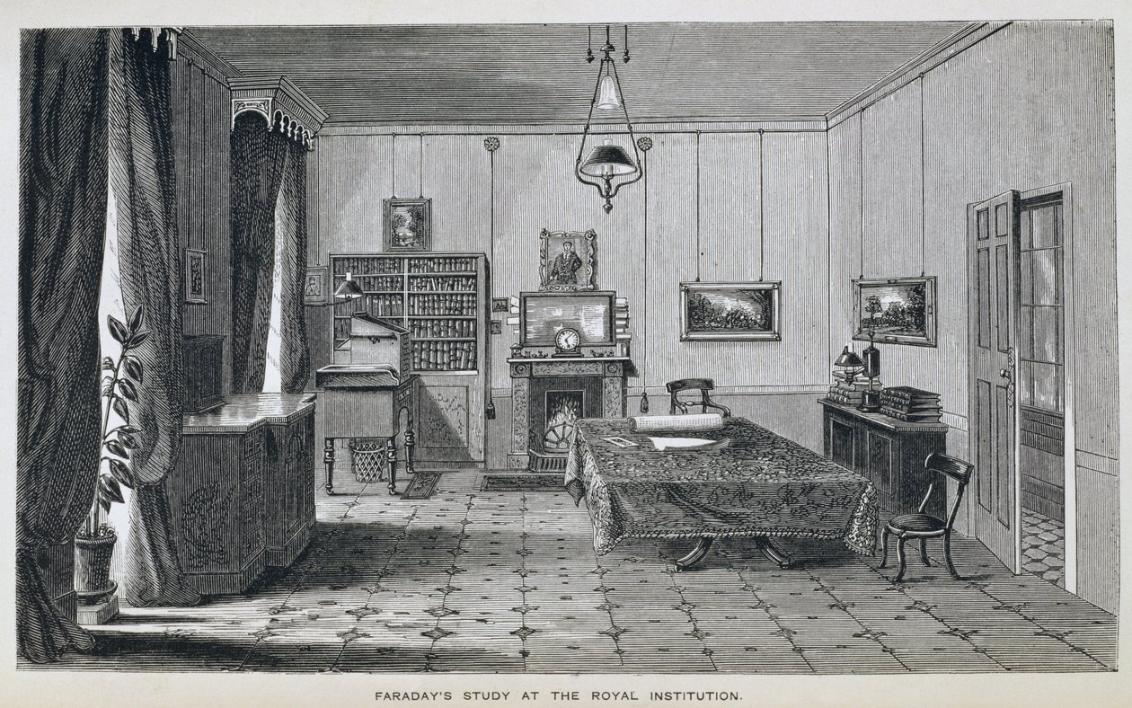 O estudo de Michael Faraday no segundo andar da Royal Institution, de The Life and Letters of Faraday, de Henry Bence Jones, publicado em 1870, 1869 (ver 137594) de Harriet Jane Moore