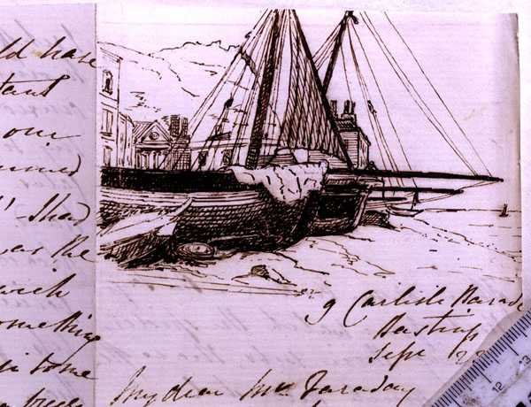 RI MS F1 I160 Vignette de barcos de pesca em Hastings, um esboço em carta a Michael Faraday (1791-1867), 23 de Setembro de 1853 (caneta e tinta sobre papel) de Harriet Jane Moore