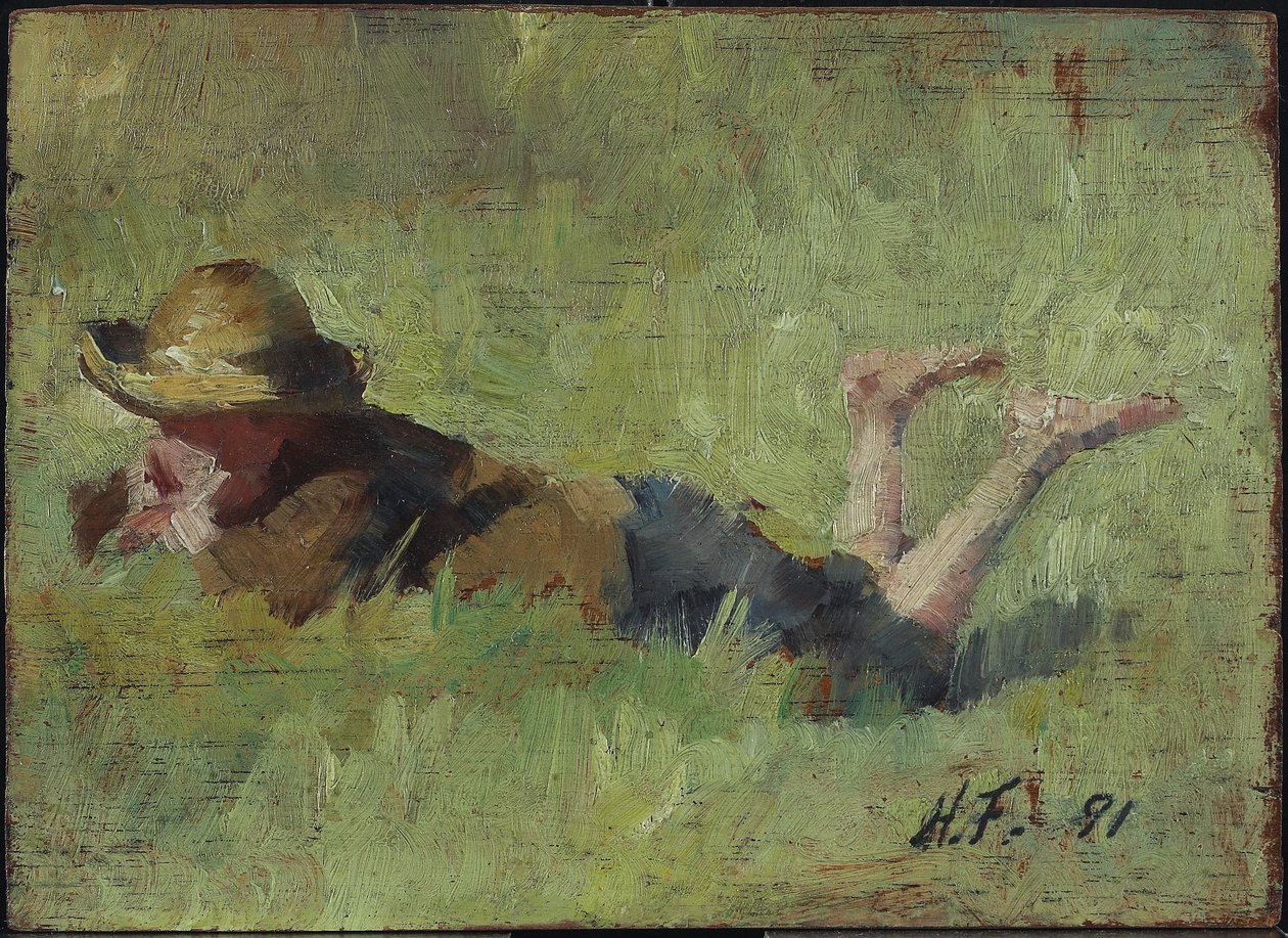 Menino deitado na grama, 1890 (óleo no painel de madeira) de Harriet Mary Ford